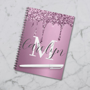 Glitter Drip Ro Girly Rosa Monogram Namn Anteckningsbok