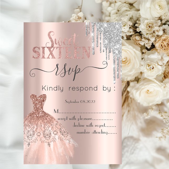  Glitter Drip Rose Gold Klänning Sweet 16 RSVP   Inbjudningar (Skapare uppladdad)