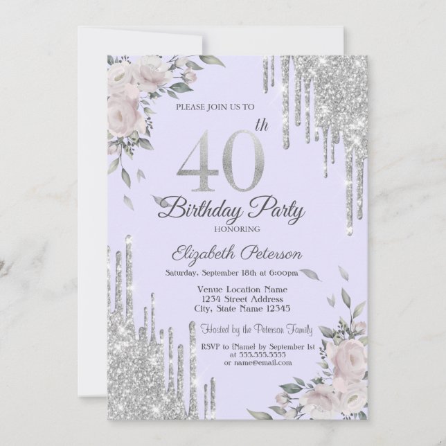 Glitter Drips, Blommor Lavendel 40-årsdag Inbjudningar (Framsida)