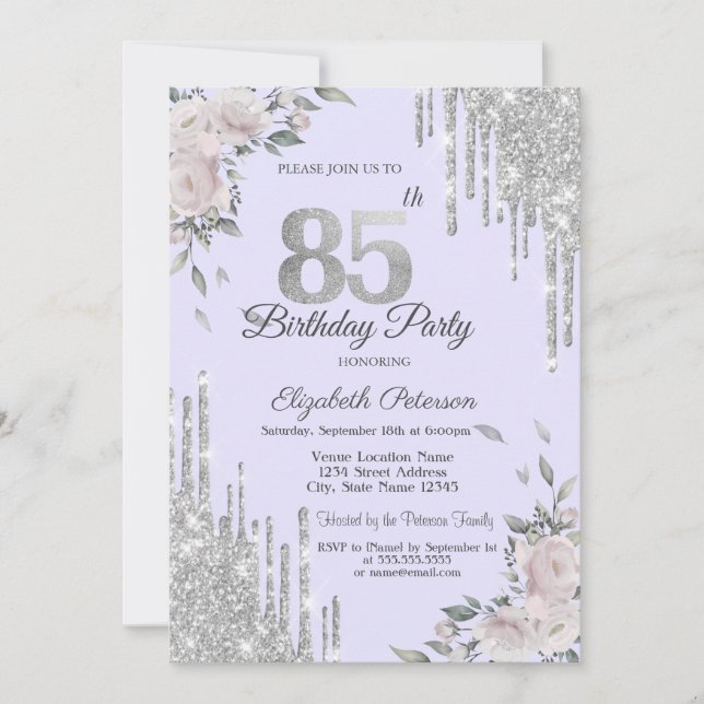 Glitter Drips, Blommor Lavendel 85-årsdag Inbjudningar (Framsida)