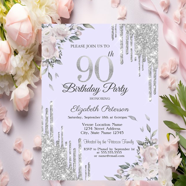 Glitter Drips, Blommor Lavendel 90-årsdag Inbjudningar (Skapare uppladdad)