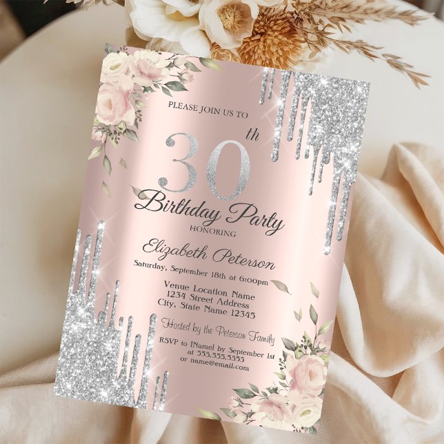 Glitter Drips, Blommor Rose Gold 30-års Födelsedag Inbjudningar (Skapare uppladdad)