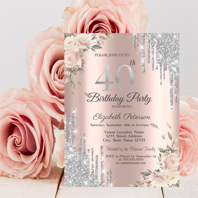 Glitter Drips, Blommor Rose Gold 40-årsdag Inbjudningar (Skapare uppladdad)