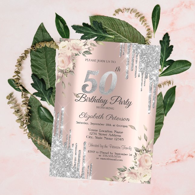 Glitter Drips, Blommor Rose Gold 50-års Födelsedag Inbjudningar (Skapare uppladdad)