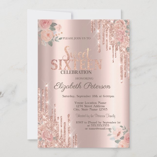 Glitter Drips Boho Rosor Rose Guld  Sweet 16 Inbjudningar (Framsida)