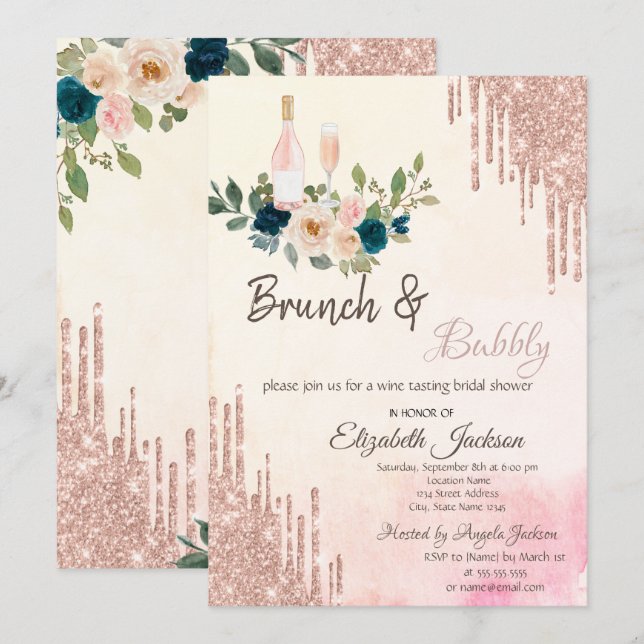 Glitter Drips Brunch & Bubbly Bröllopsdusch Inbjudningar (Fram/baksida)