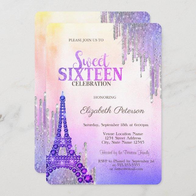 Glitter Drips Eiffel Torn Metallic Sweet 16 Inbjudningar (Fram/baksida)