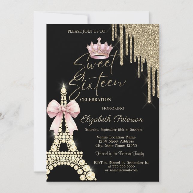 Glitter Drips,Eiffel Tower Bow Crown Sweet 16  Inbjudningar (Framsida)
