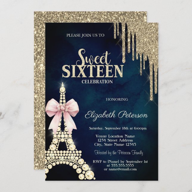Glitter Drips,Eiffel Tower Bow Navy Blue Sweet 16  Inbjudningar (Fram/baksida)
