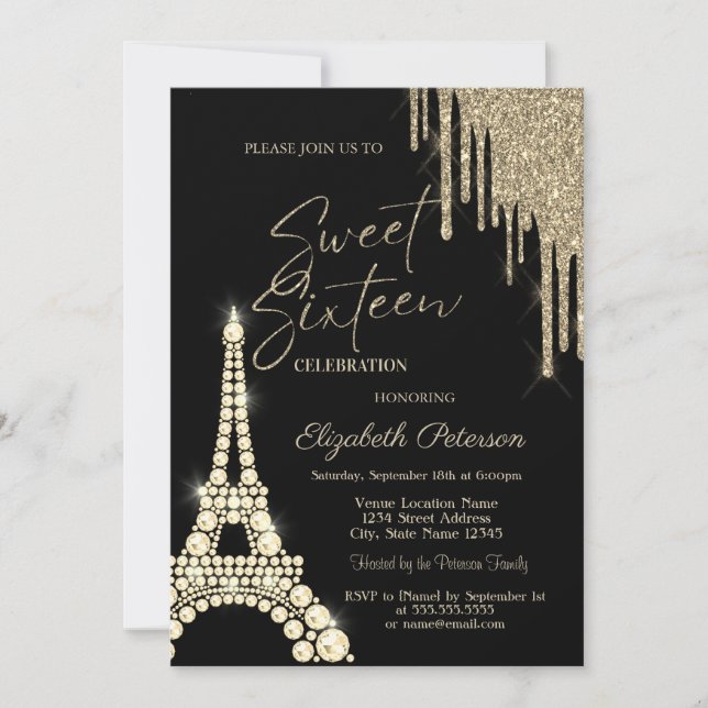 Glitter Drips,Eiffel Tower Diamonds Sweet 16 Inbjudningar (Framsida)