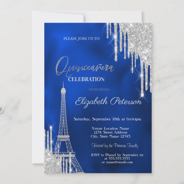 Glitter Drips, Eiffel Tower Royal Blue Quinceañera Inbjudningar (Framsida)