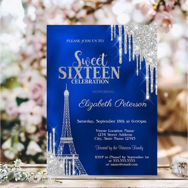 Glitter Drips, Eiffel Tower Royal Blue Sweet 16 Inbjudningar (Skapare uppladdad)