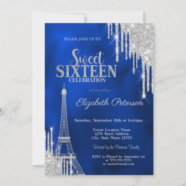 Glitter Drips, Eiffel Tower Royal Blue Sweet 16 Inbjudningar (Framsida)