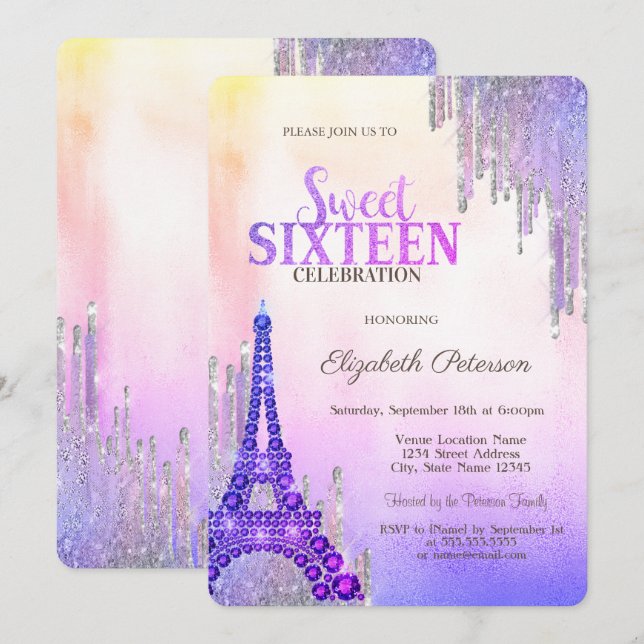 Glitter Drips Eiffeltornet Metallisk Sweet 16  Inbjudningar (Fram/baksida)