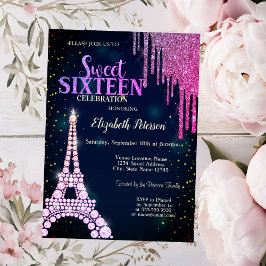 Glitter Drips, Eiffeltornet Navyblå Sweet 16  Inbjudningar