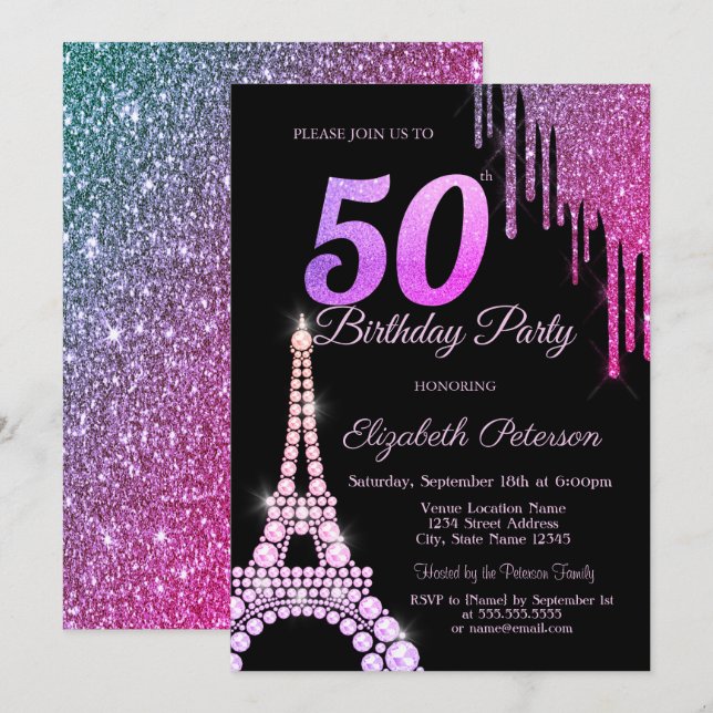 Glitter Drips, Eiffeltornet Svart 50-årsdag Inbjudningar (Fram/baksida)