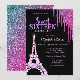 Glitter Drips, Eiffeltornet Svart Sweet 16 Inbjudningar