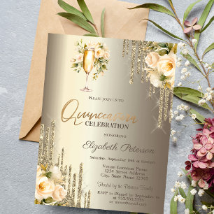 Glitter Drips Floral Champagne Glas Quinceañera Inbjudningar