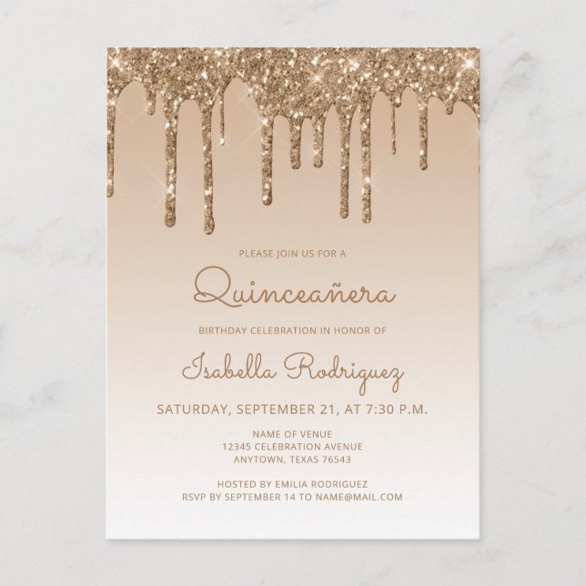 Glitter Drips Gold Quinceañera-fest Vykort (Framsida)
