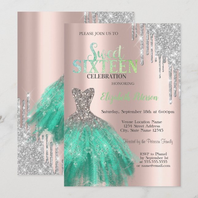 Glitter Drips, Grön Klänning Rosa Guld Sweet 16 Inbjudningar (Fram/baksida)