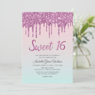 Glitter Drips Holografisk Rosa Sweet 16 Födelsedag Inbjudningar