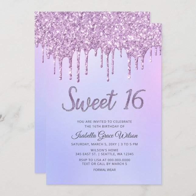 Glitter Drips Holograph Lila Sweet 16 Birthday Inbjudningar (Fram/baksida)