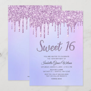 Glitter Drips Holograph Lila Sweet 16 Birthday Inbjudningar