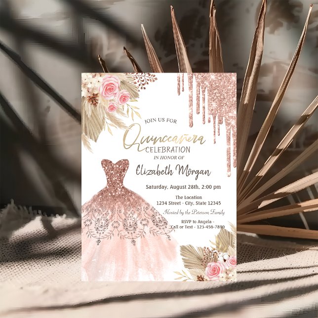 Glitter Drips Klänning Boho Blommor Quinceañera Inbjudningar (Skapare uppladdad)