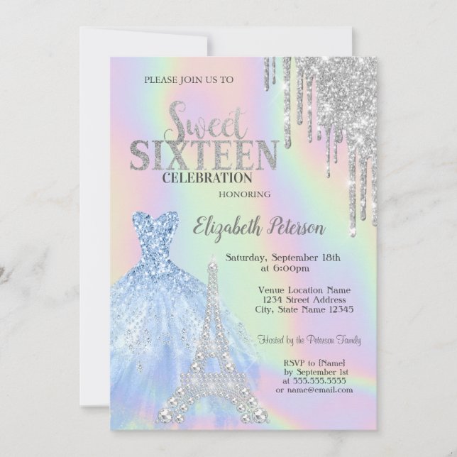 Glitter Drips,Klänning,Eiffel Tower Opal Sweet 16  Inbjudningar (Framsida)
