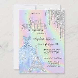 Glitter Drips,Klänning,Eiffel Tower Opal Sweet 16 Inbjudningar