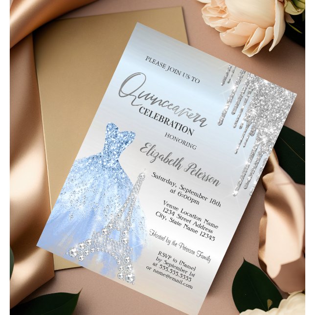 Glitter Drips,Klänning,Eiffeltornet Quinceañera Inbjudningar (Skapare uppladdad)