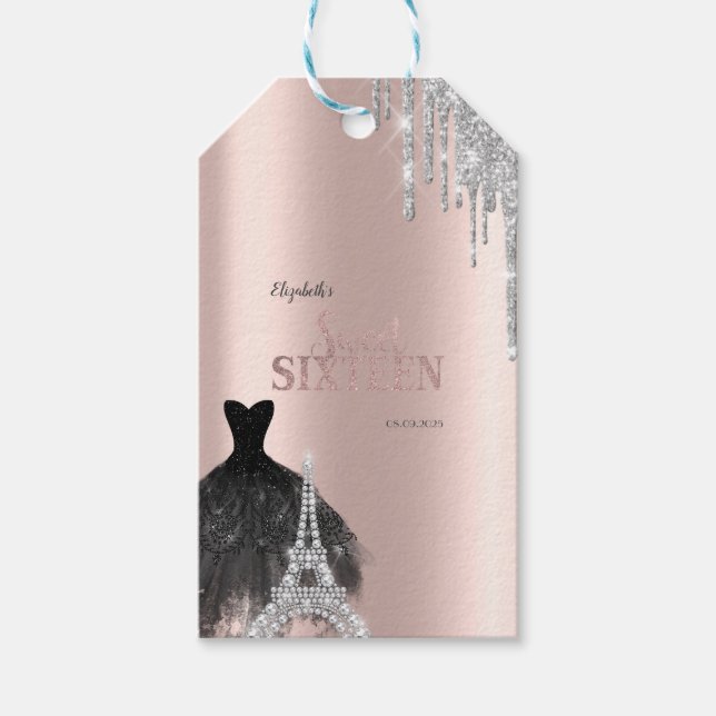 Glitter Drips,Klänning,Eiffeltornet Sweet 16 Presentetikett (Framsidan)