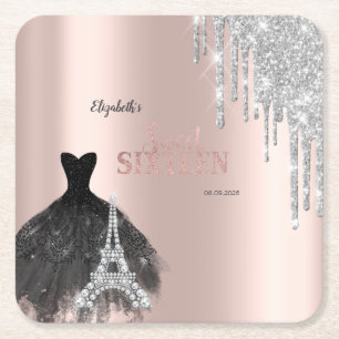 Glitter Drips,Klänning,Eiffeltornet Sweet 16 Underlägg Papper Kvadrat