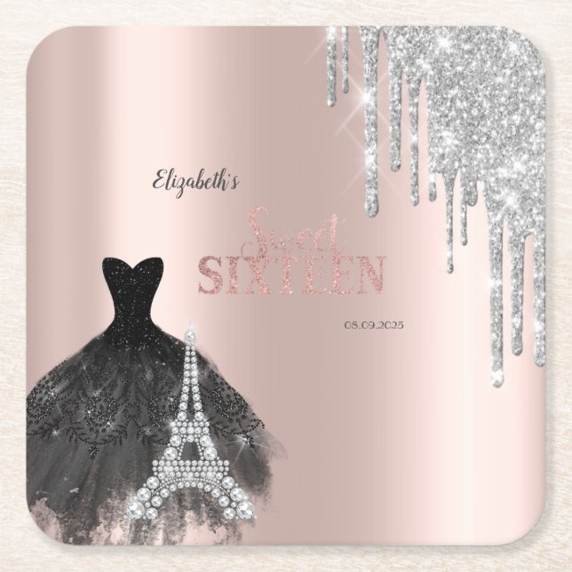 Glitter Drips,Klänning,Eiffeltornet Sweet 16 Underlägg Papper Kvadrat (Framsidan)