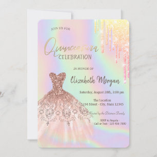 Glitter Drips klänning Holografisk Quinceañera Inbjudningar