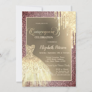 Glitter Drips, Klänning Rosa Guld Glitter Quinceañ Inbjudningar
