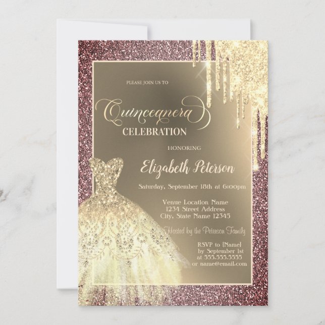 Glitter Drips, Klänning Rosa Guld Glitter Quinceañ Inbjudningar (Framsida)