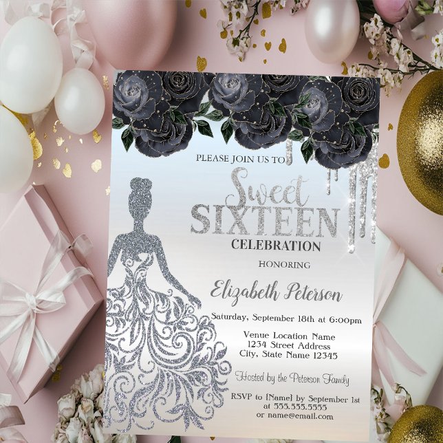 Glitter Drips, Klänning Svarta Rosor Sweet 16 Inbjudningar (Skapare uppladdad)
