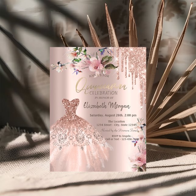 Glitter Drips Klänning Vårblommor Quinceañera Inbjudningar (Skapare uppladdad)