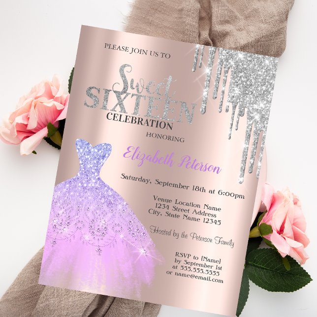 Glitter Drips,Lavendel Klänning Rose Gold Sweet 16 Inbjudningar (Skapare uppladdad)