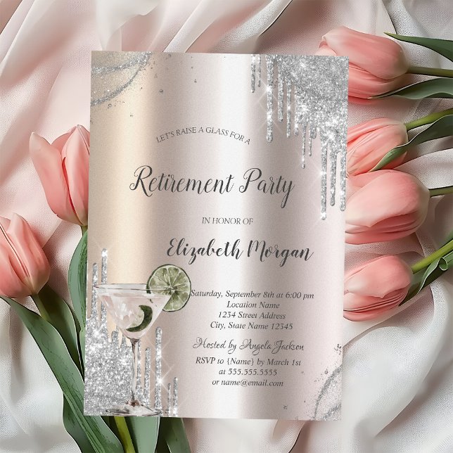 Glitter Drips Martini Rose Gold Pensionering Inbjudningar (Skapare uppladdad)