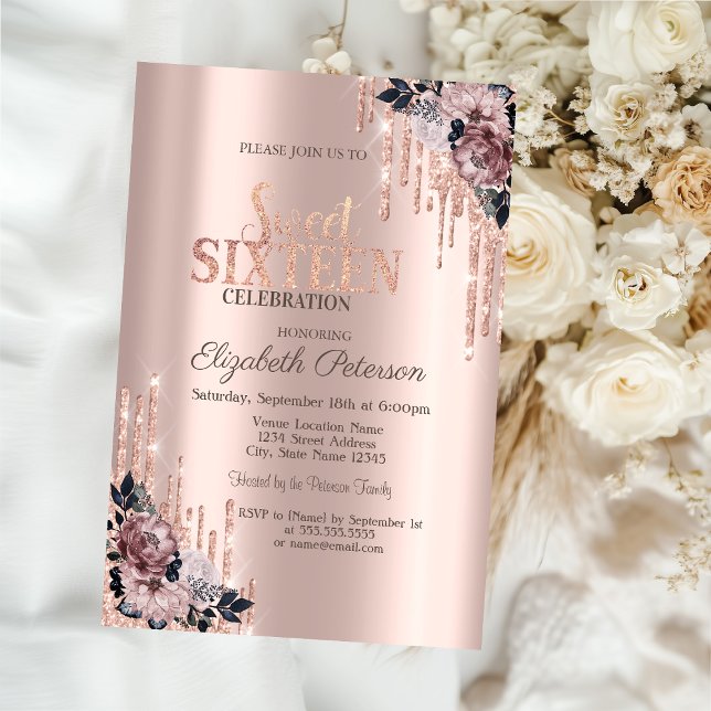 Glitter Drips Ro Guld Blommigt Sweet 16 Inbjudningar (Skapare uppladdad)