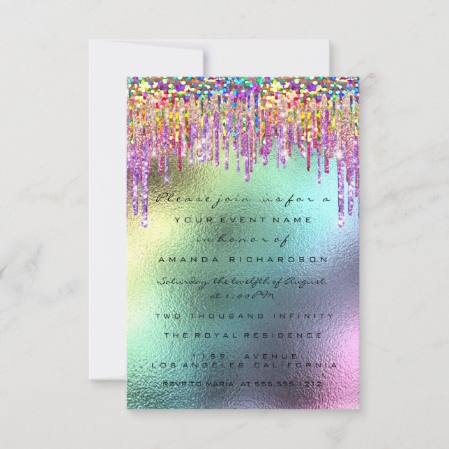 Glitter Drips Ro Möhippa 16:e Unicorn Holograph Inbjudningar (Framsida)