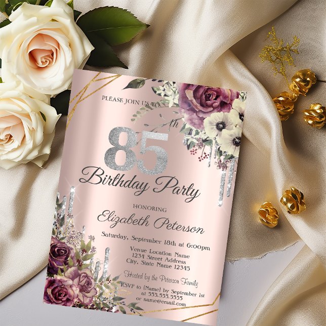 Glitter Drips Rosa Guld Blommig 85-årsdag Inbjudningar (Skapare uppladdad)