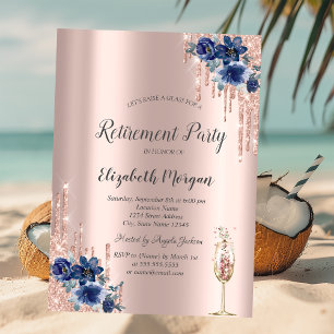 Glitter Drips Rose Gold,Blå Blommor Pensionering Inbjudningar