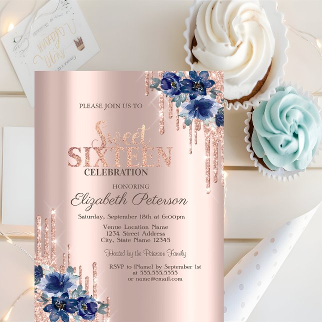 Glitter Drips Rose Gold Blå Blommor Sweet 16 Inbjudningar (Skapare uppladdad)