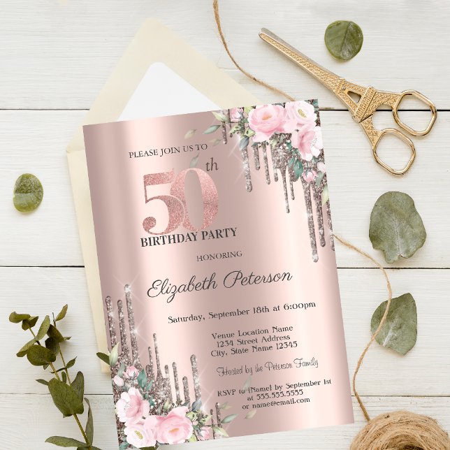 Glitter Drips Rose Gold Blommig 50-årsdag Inbjudningar (Skapare uppladdad)