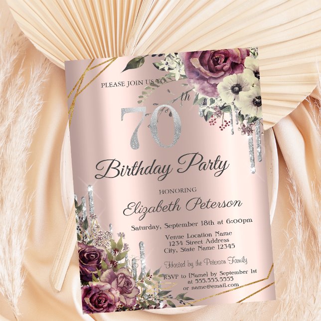 Glitter Drips Rose Gold Blommig 70-årsdag  Inbjudningar (Skapare uppladdad)