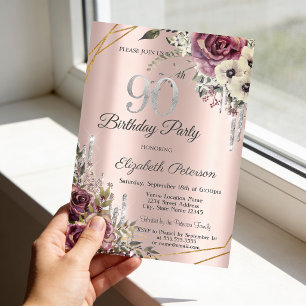 Glitter Drips Rose Gold Blommig 90-årsdag Inbjudningar