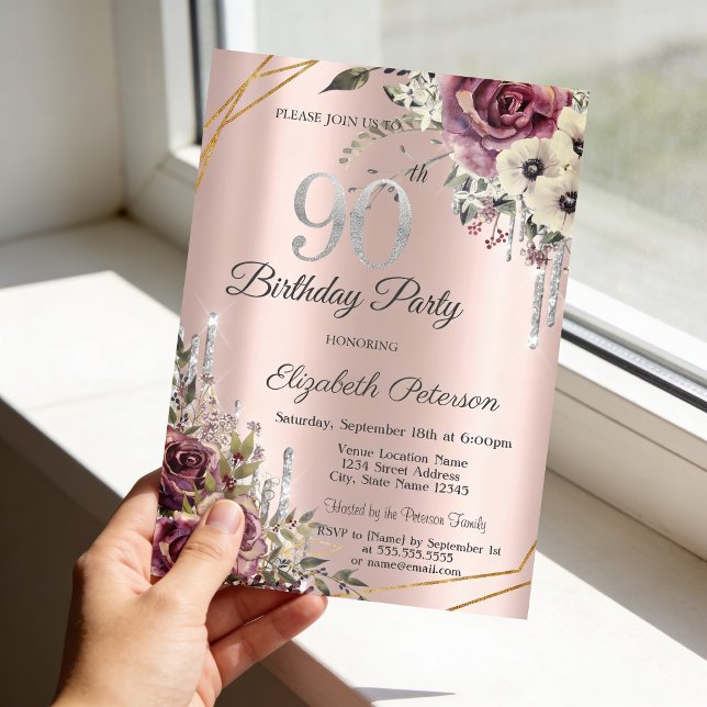 Glitter Drips Rose Gold Blommig 90-årsdag  Inbjudningar (Skapare uppladdad)